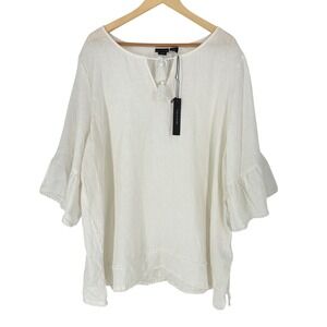 Tahari Linen Tassel V Neck Bell Sleeve Tunic Top White Plus Size‎ 3X